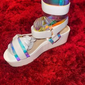White Hologram Strappy Open Toe Chunky Heels